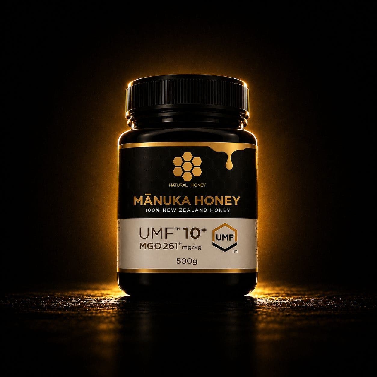 Тегла со 9Health манука мед, студиска фотографија со златен рабен сјај на црна позадина